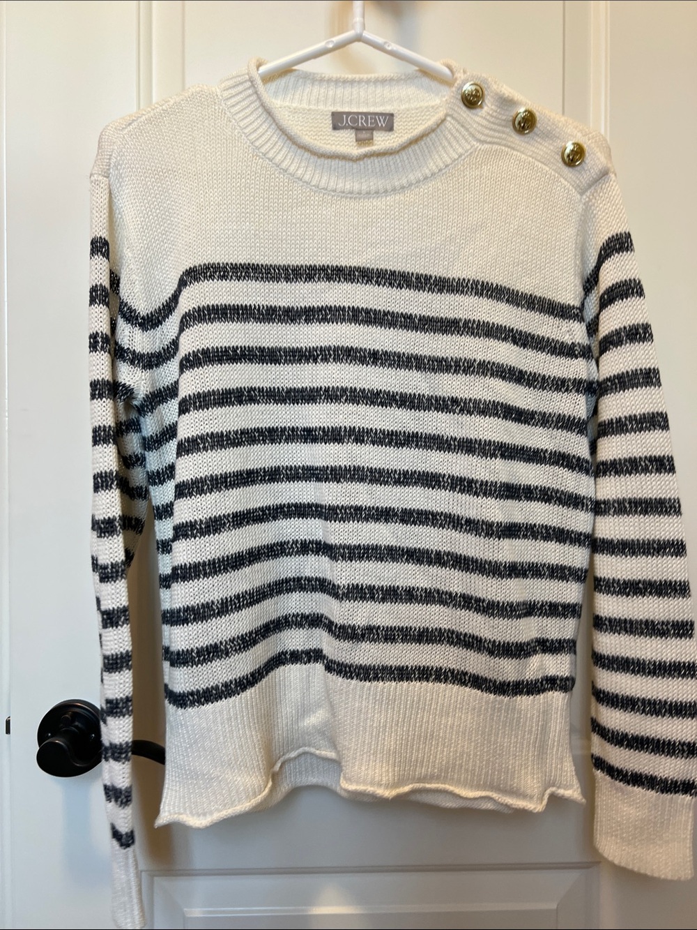 J. Crew Nautical linen Crewneck Sweater Navy Stripes & Gold Shoulder Buttons